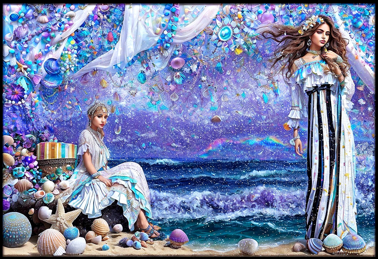 Two women in ornate clothing amid vibrant seashells and pearls in a dreamlike marine setting