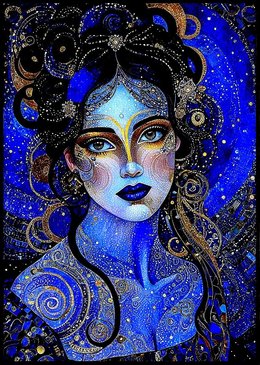 Female Figure in Blue with Gold Accents and Swirls