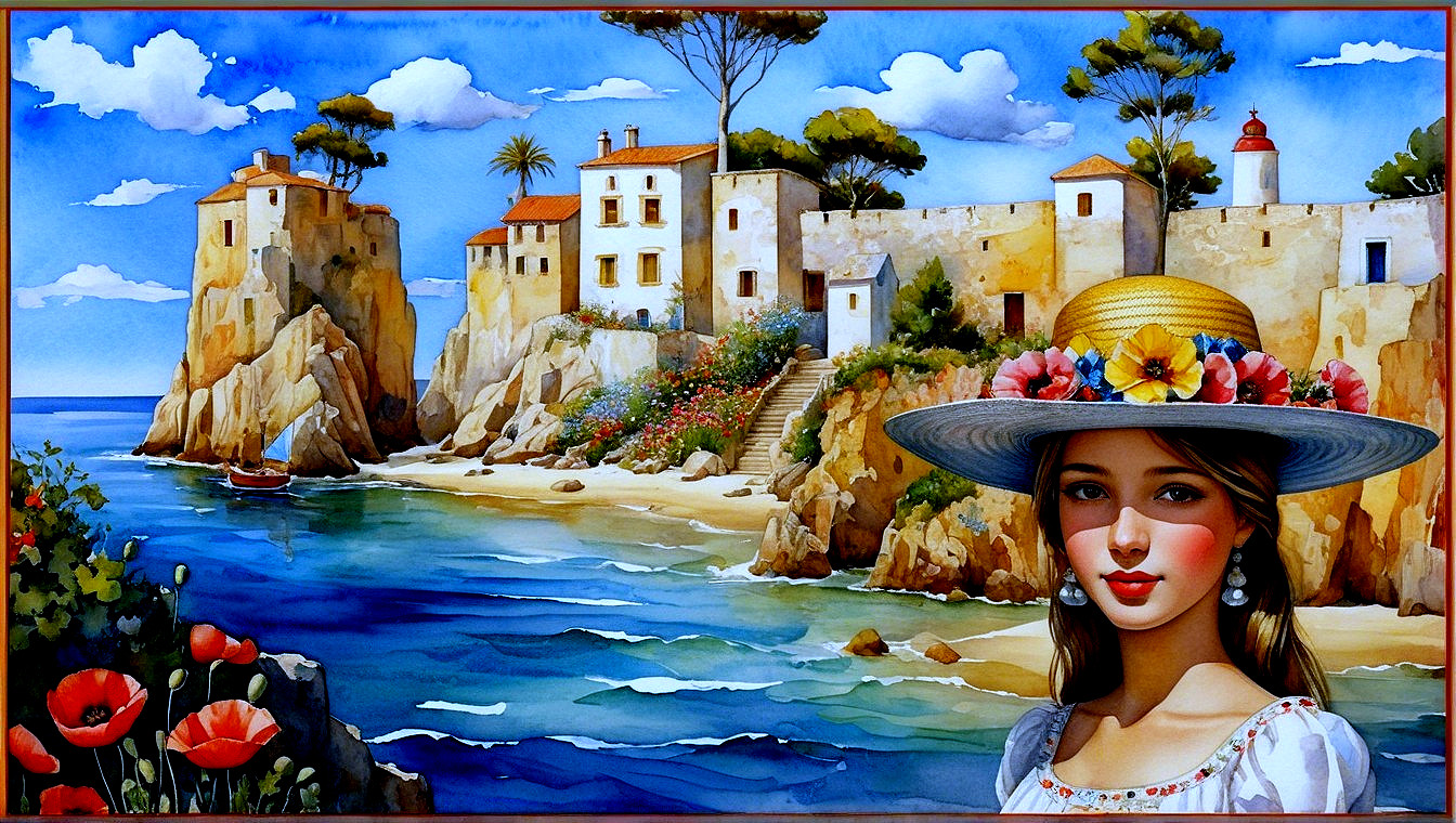 Coastal Scene with Woman, Poppies, and White Buildings
