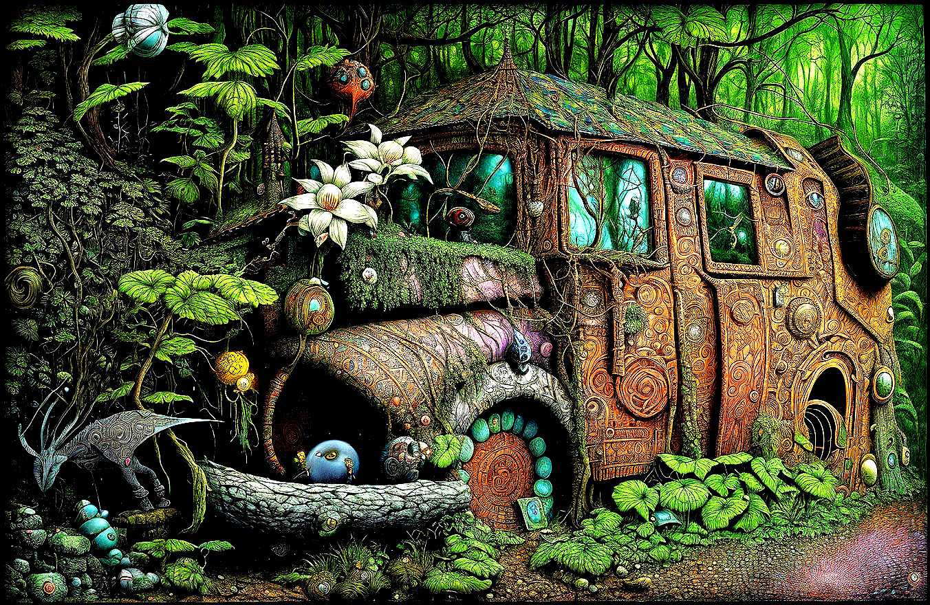 Abandoned Truck Surrounded by Lush Forest and Flowers