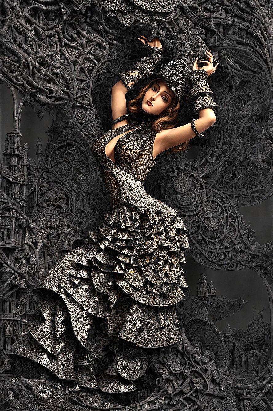Intricately Designed Artwork of a Woman in a Dress