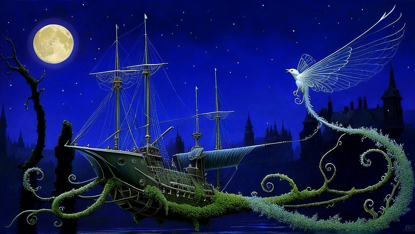 Mystical Ship Under Moonlight with Spectral Bird