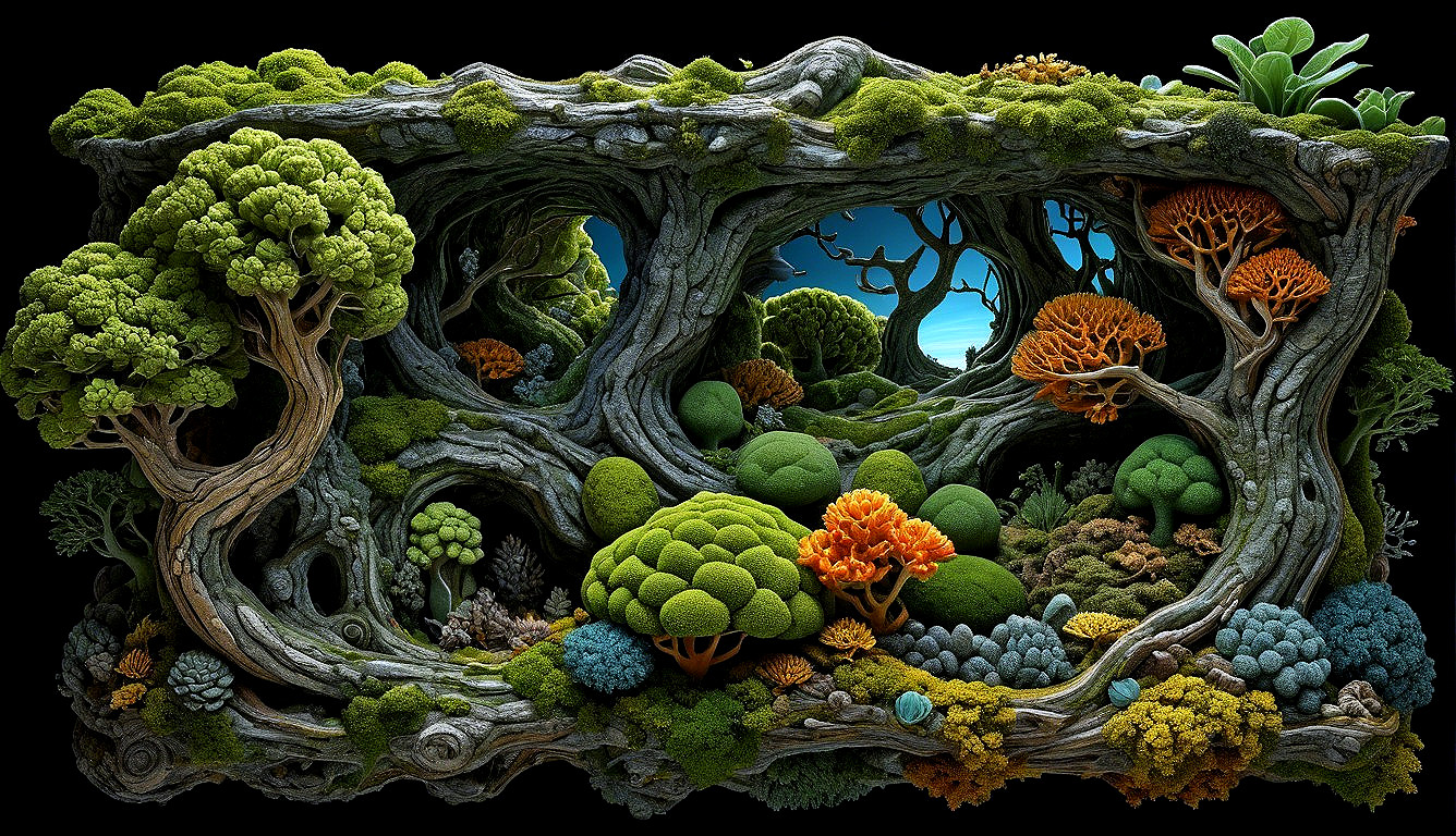 Surreal Landscape with Intricate Trees and Vibrant Vegetation