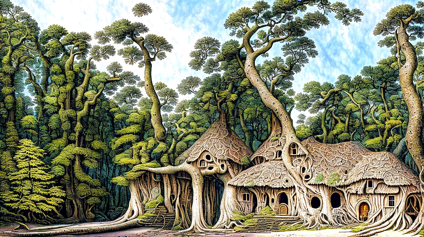 Whimsical Forest Scene with Unique Tree Houses