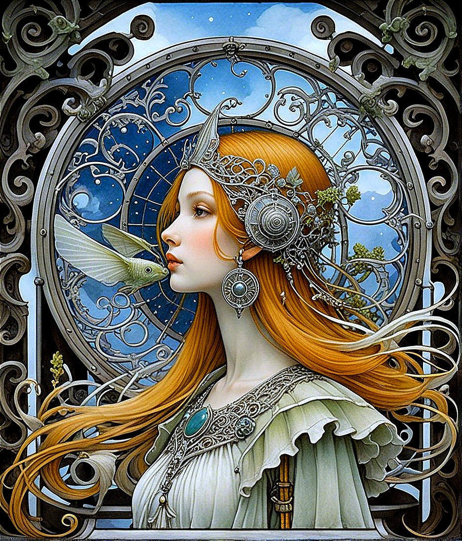 Serene Woman in Regal Gown by Starry Window