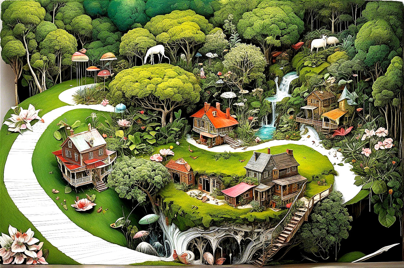 Whimsical Landscape with Charming Houses and Nature