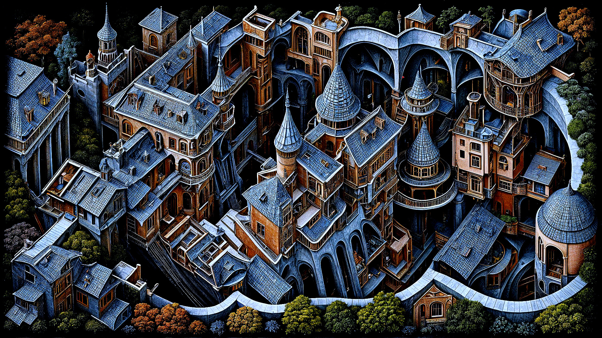 Intricate Architectural Layout of a Fantastical Cityscape