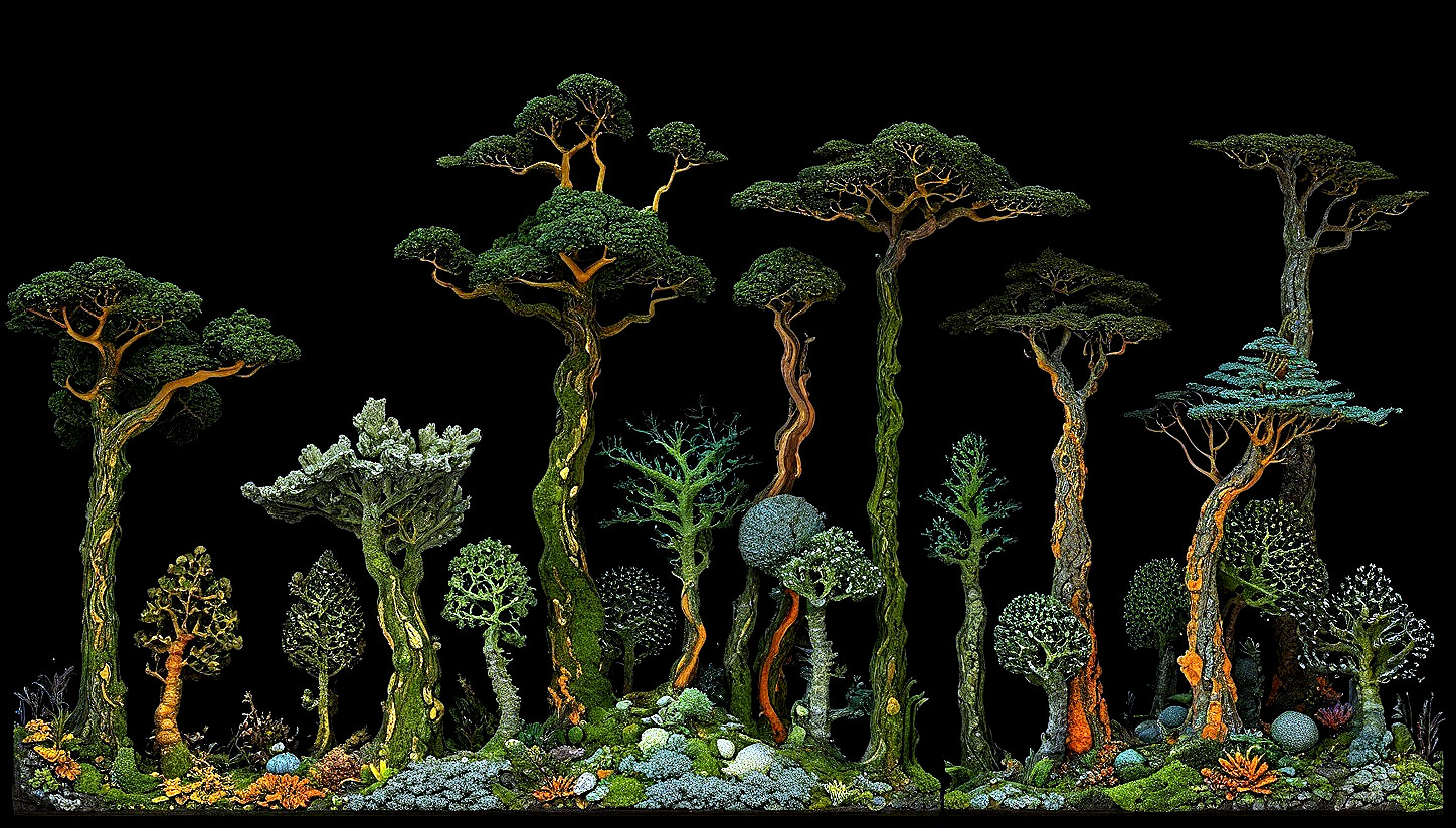 Vibrant Forest Scene with Unique Stylized Trees