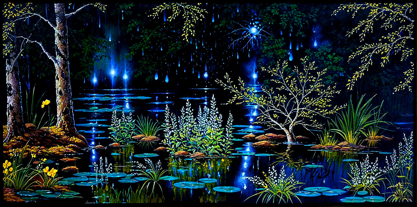 Tranquil pond scene with starry sky and greenery