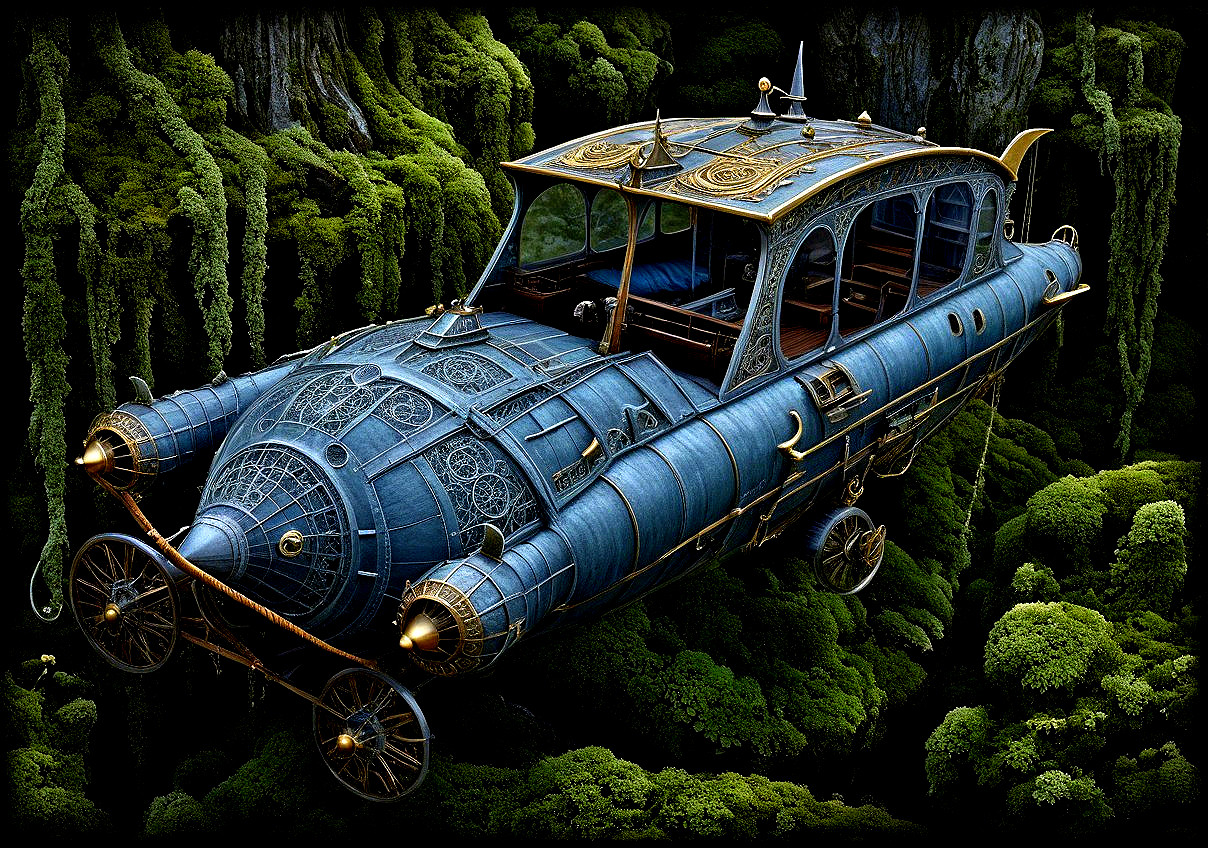 Steampunk Airship Above Lush Greenery Landscape