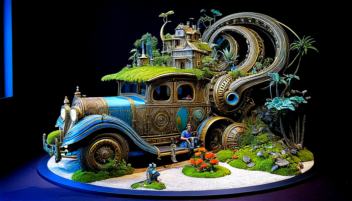 Vintage Car Surrounded by Lush Greenery and Miniature House
