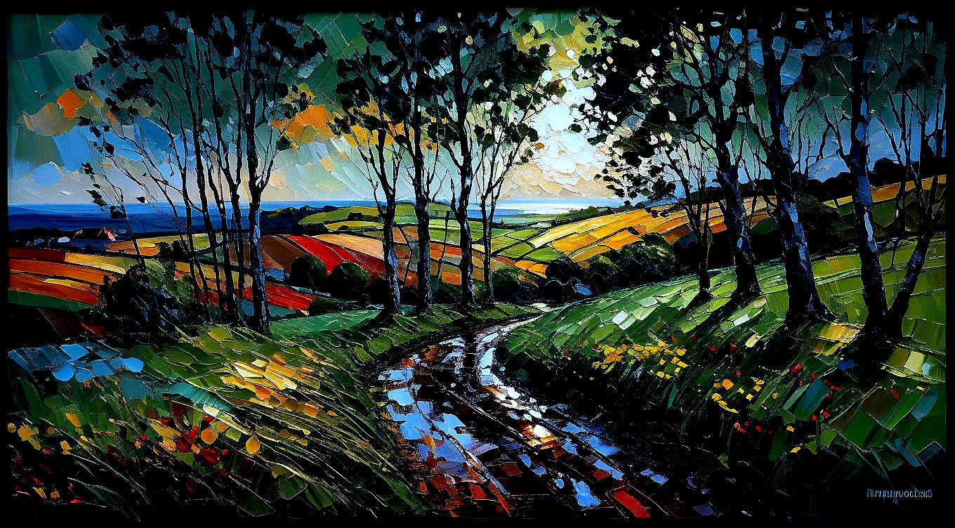 Vibrant Landscape with Winding Path and Water Body