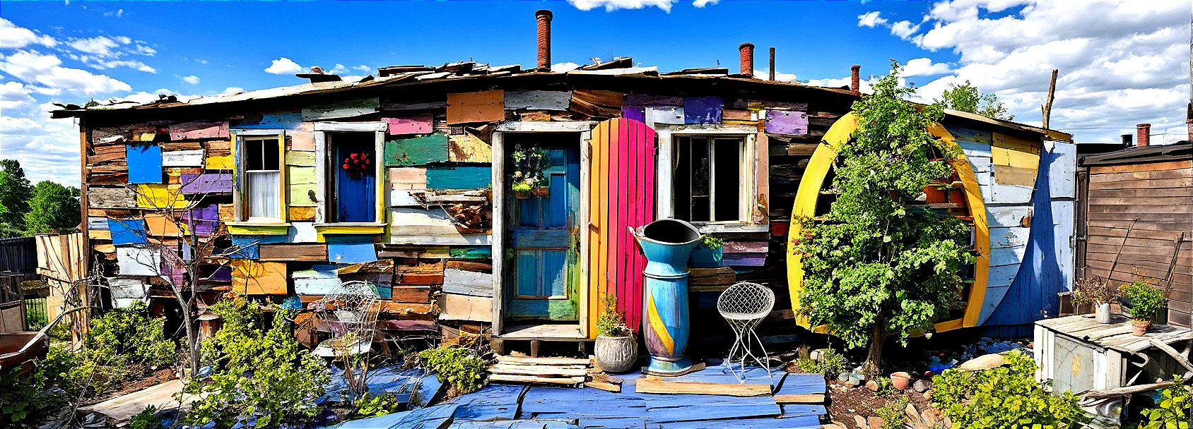 Colorful whimsical cottage with eclectic decorations