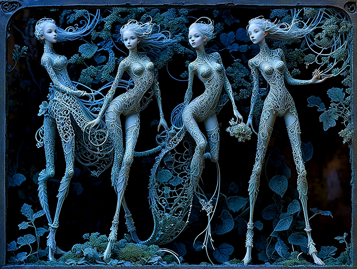 Intricate Fairy-Like Figures in a Mystical Setting
