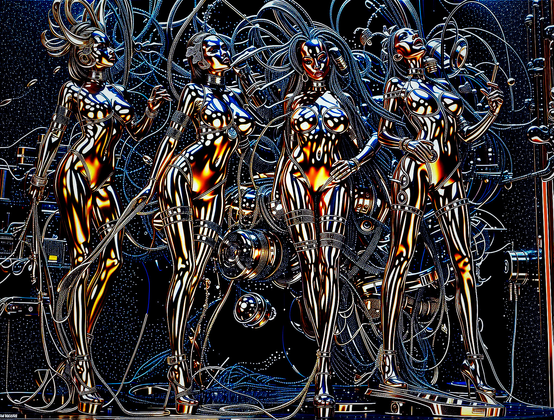 Futuristic humanoid figures with metallic bodies and wires