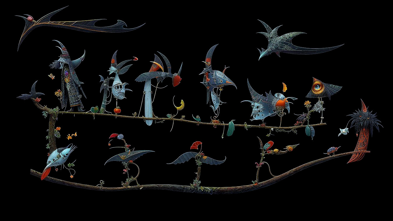 Surreal Illustration of Colorful Birds on a Branch