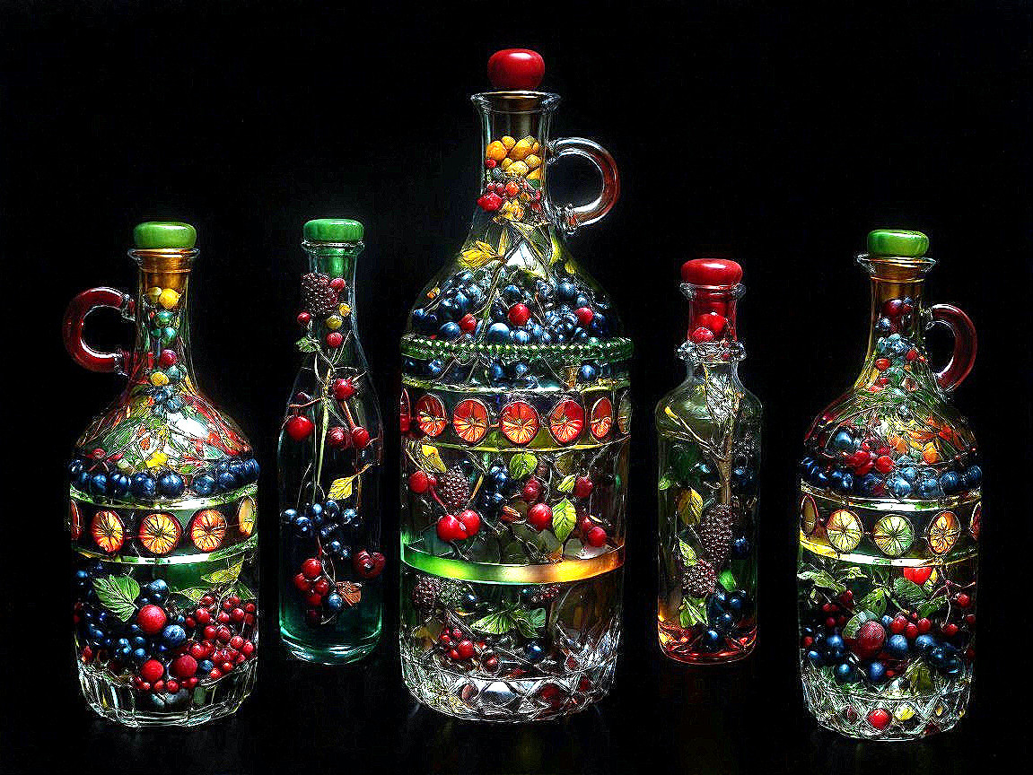 Collection of Colorful Glass Bottles with Fruits