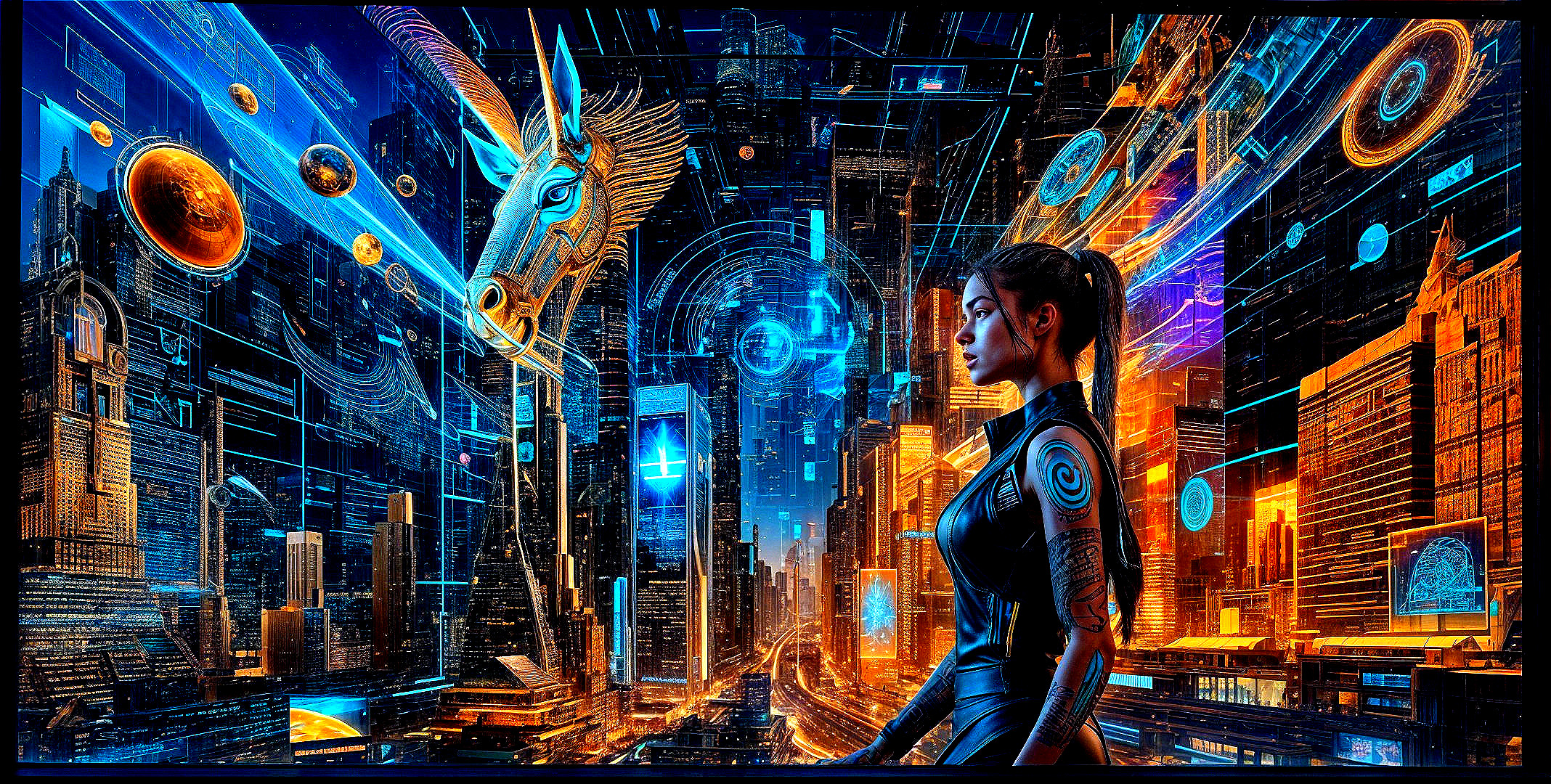Futuristic cityscape with neon colors and digital horse
