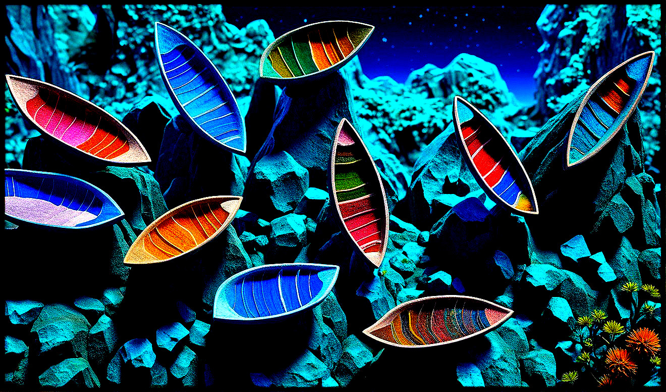 Surreal Landscape with Colorful Boats and Starry Sky