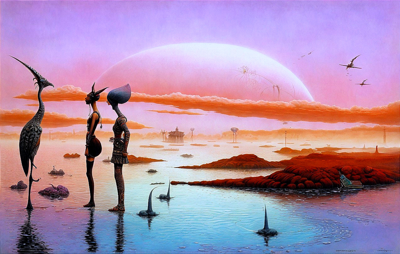 Surreal Landscape with Humanoids and Flying Creatures