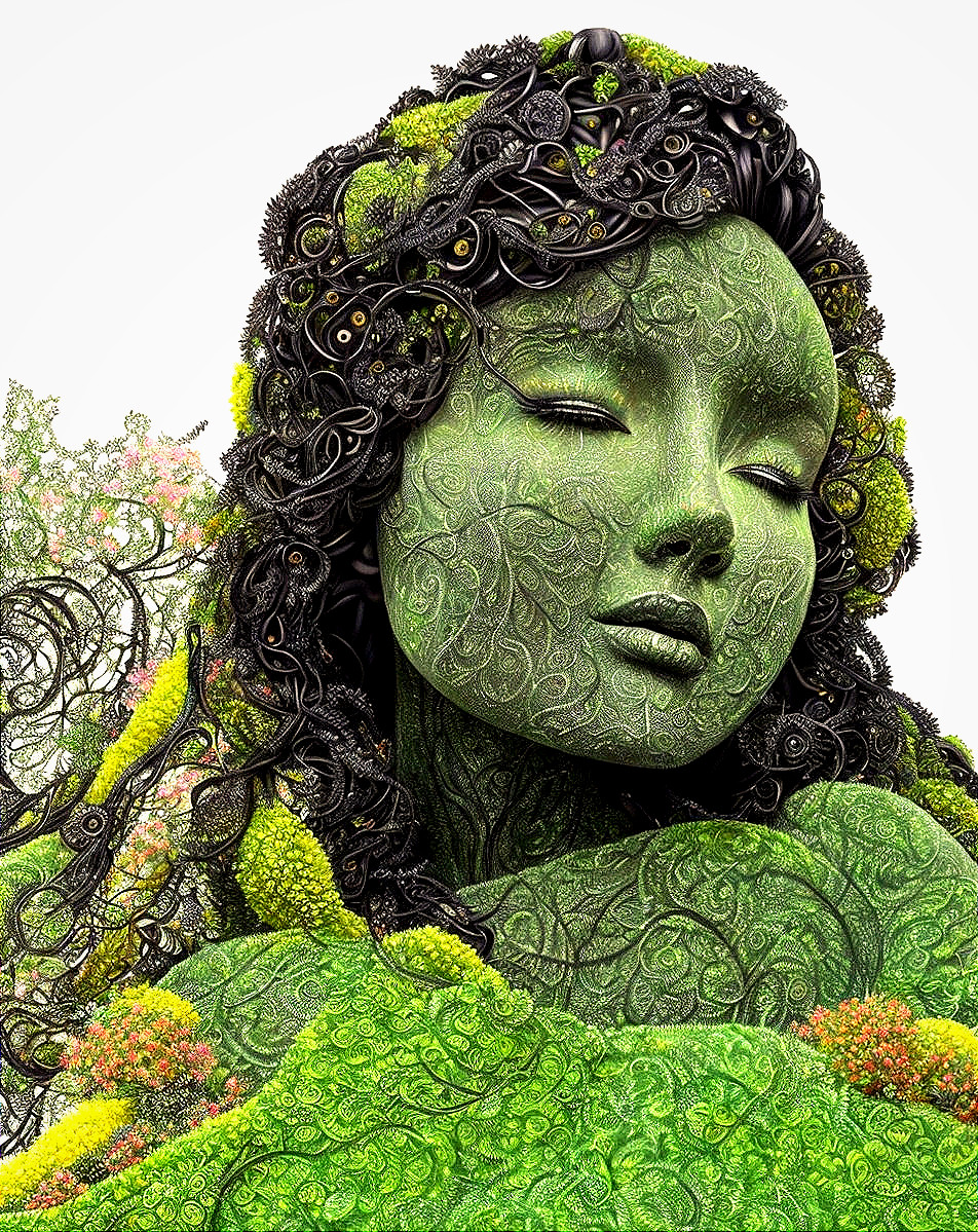 Serene Green-Hued Feminine Figure with Nature Elements