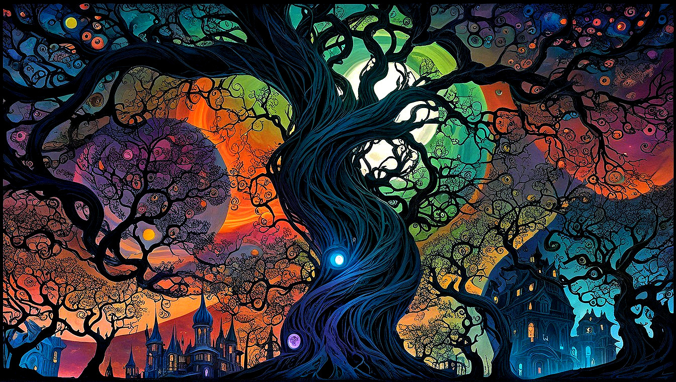 Surreal Landscape with Twisted Tree and Night Sky