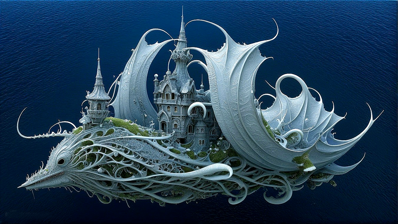 Ornate Dragon Creature with Castle in Underwater Scene