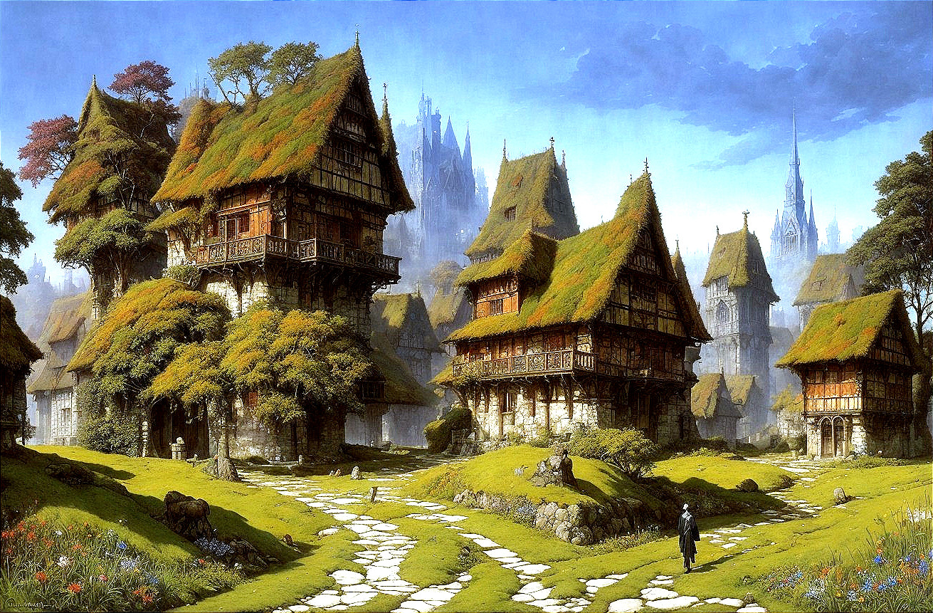 Charming Village Scene with Thatched Roof Cottages
