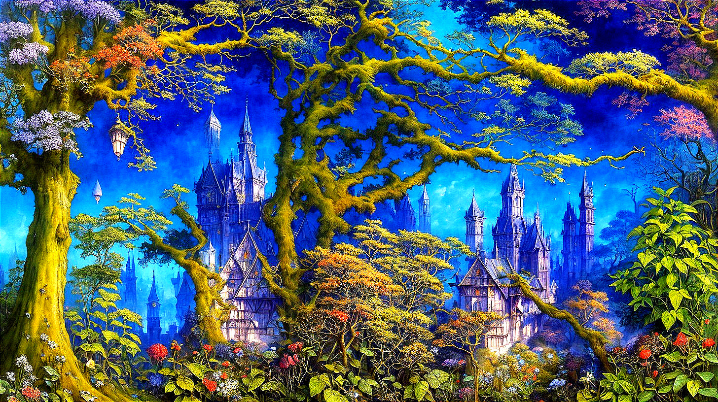 Vibrant Fantasy Landscape with Mystical Castle and Foliage