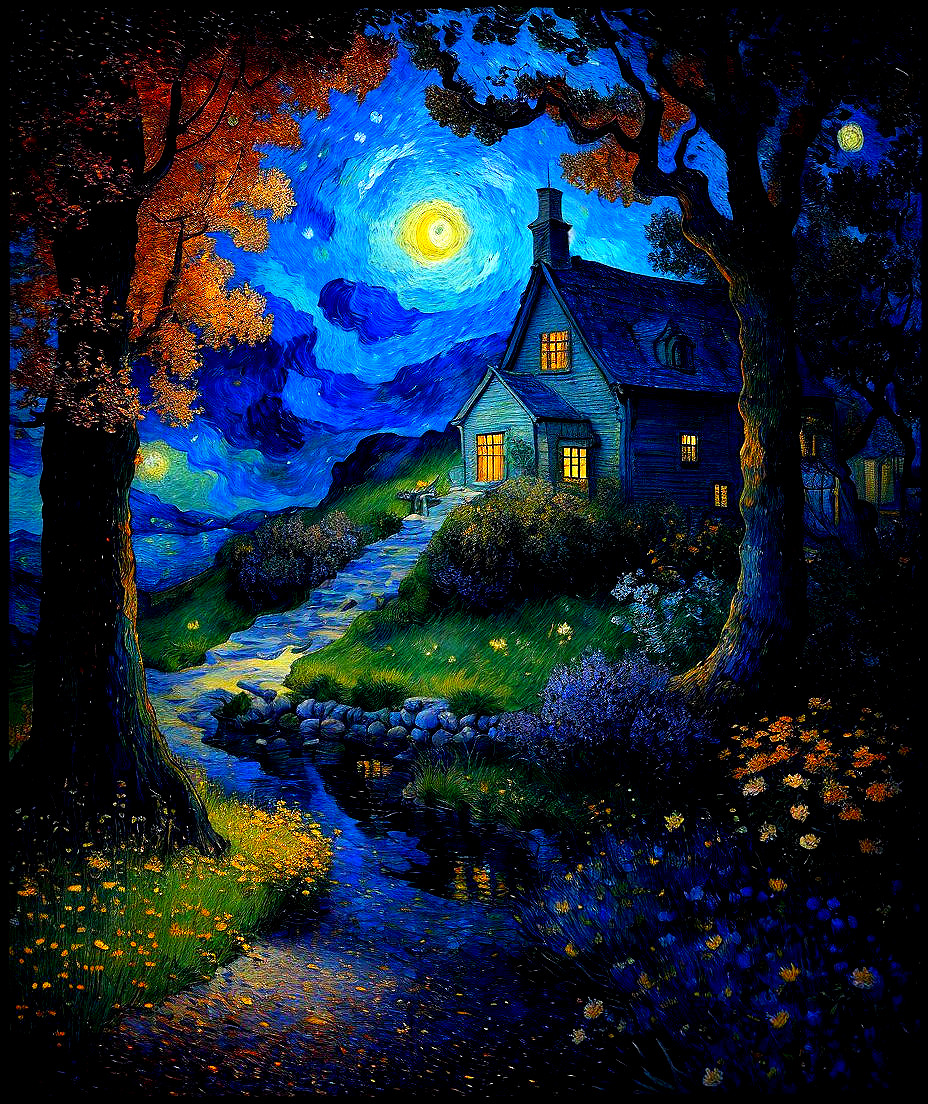 Serene night scene with illuminated cottage and autumn trees