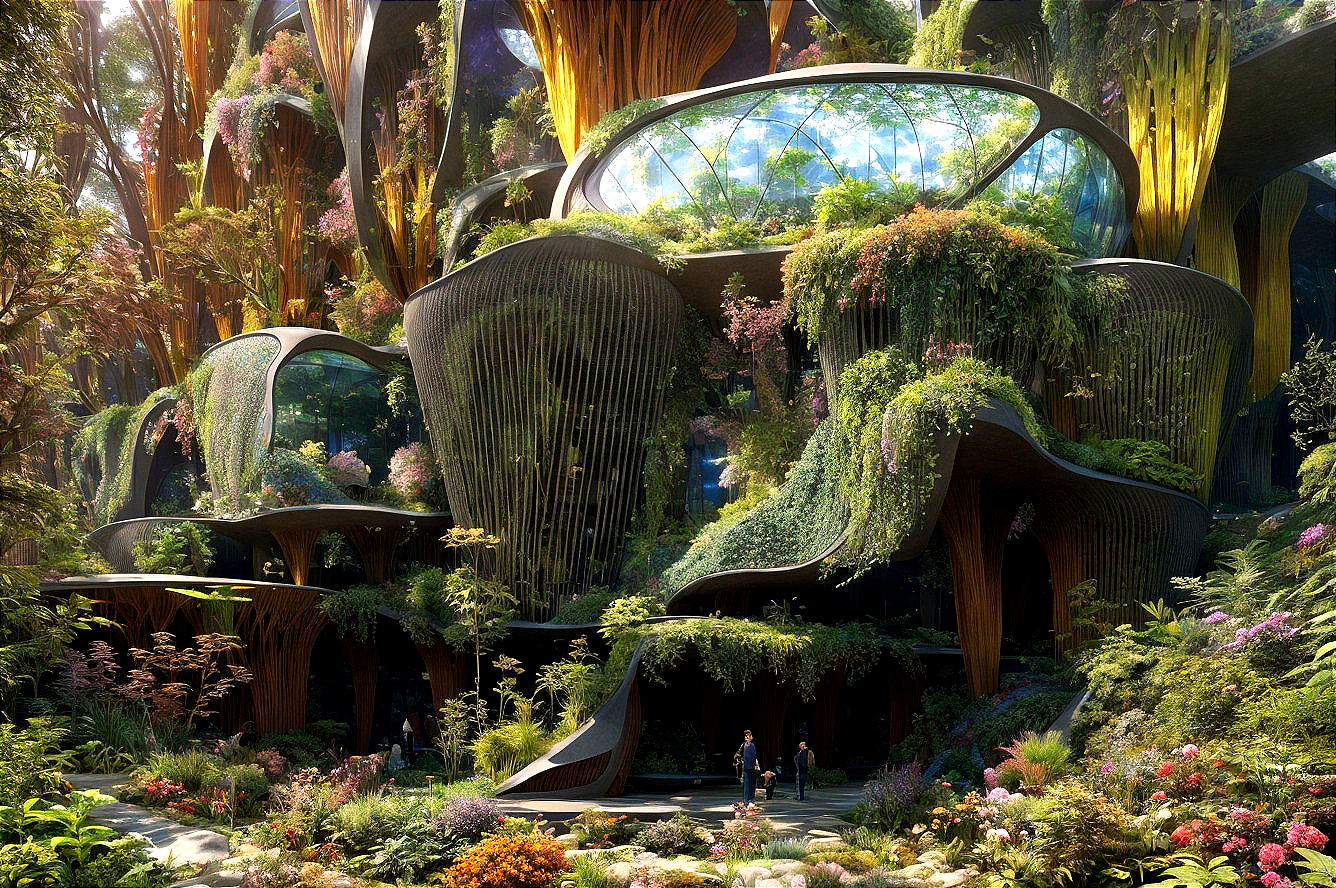 Futuristic Architecture Blending with Lush Greenery