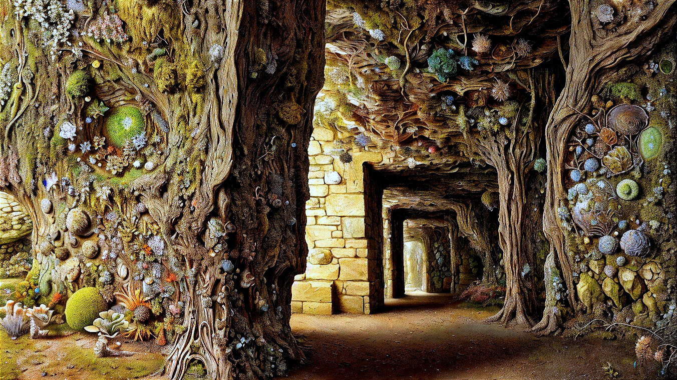 Fantastical cavern with root walls and vibrant flora