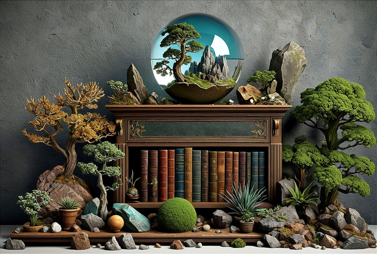 Vintage Bookshelf with Terrarium Landscapes and Orbs