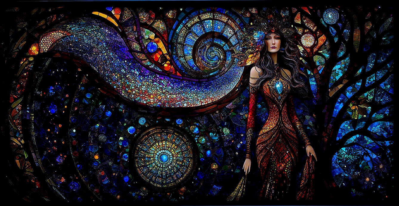 Mystical Figure in Vibrant Stained Glass Patterns