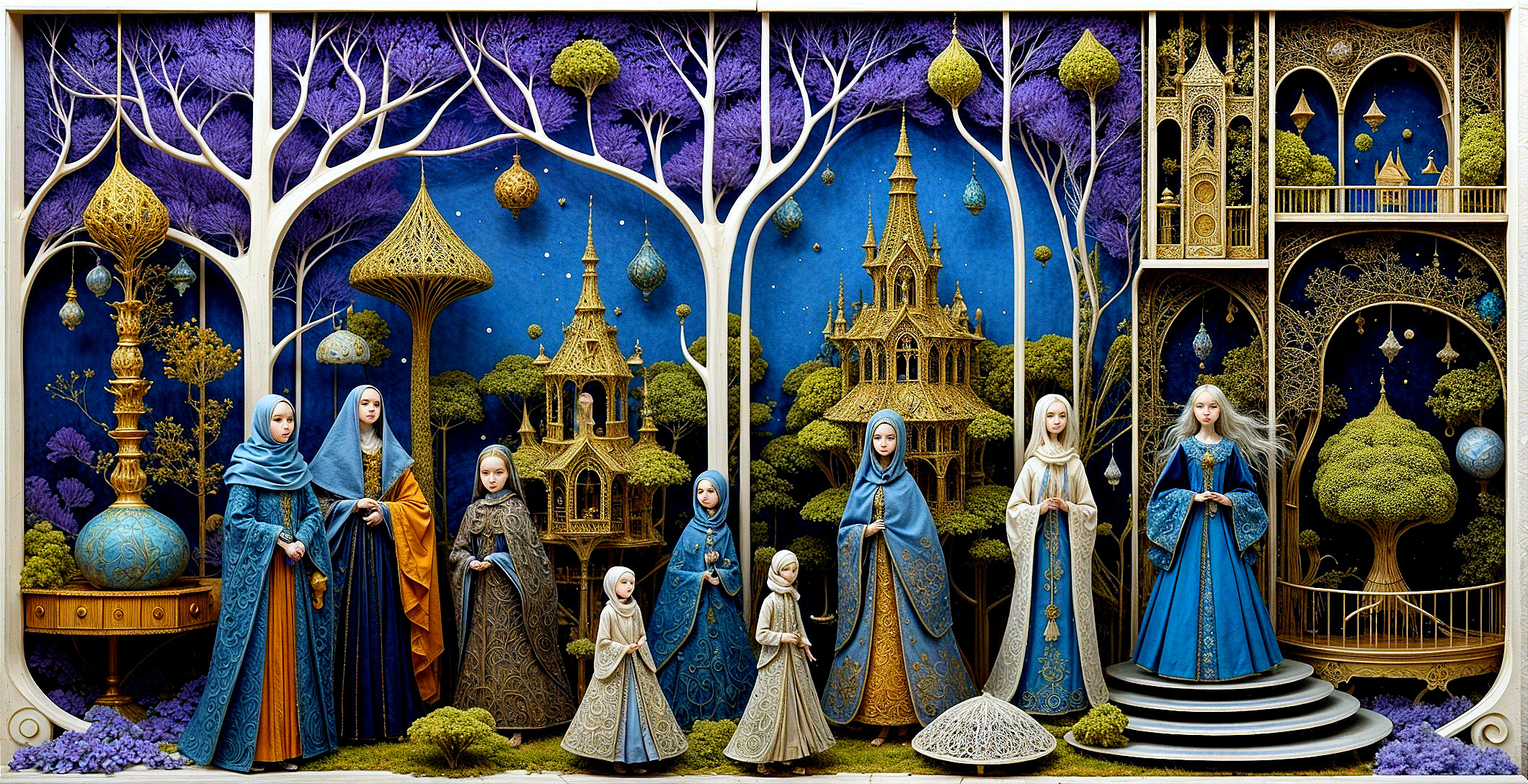 Elegant Women in Blue Amidst Whimsical Architecture