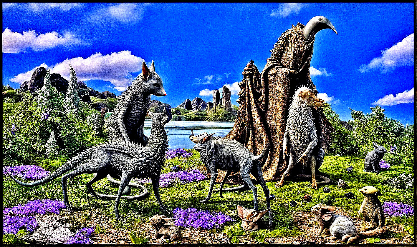 Surreal Landscape with Unique Creatures and Flowers