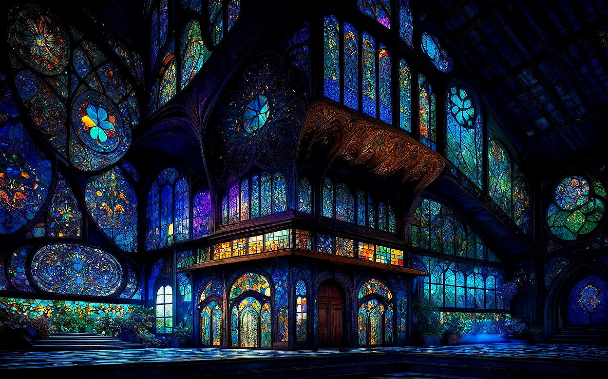 Grand Interior with Stained Glass and Ornate Balcony