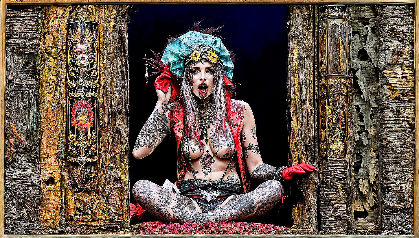 Elaborately tattooed person in gothic style holding red apple in lotus pose
