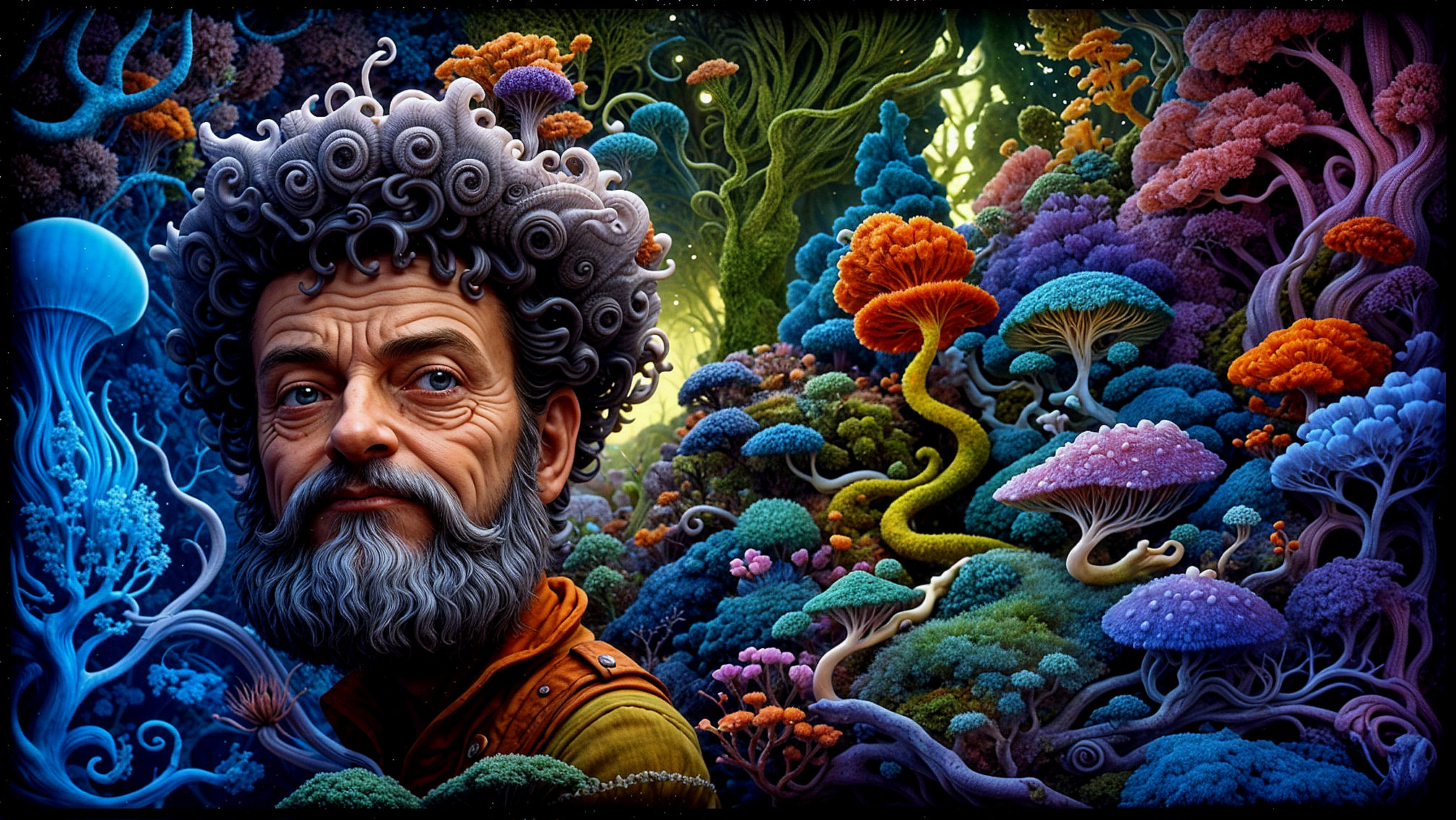 Whimsical Bearded Man in a Vibrant Fantasy Forest