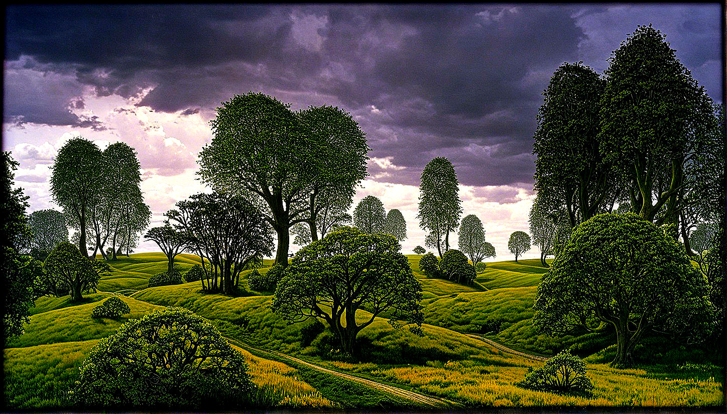 Lush Green Hills with Trees and Dramatic Sky