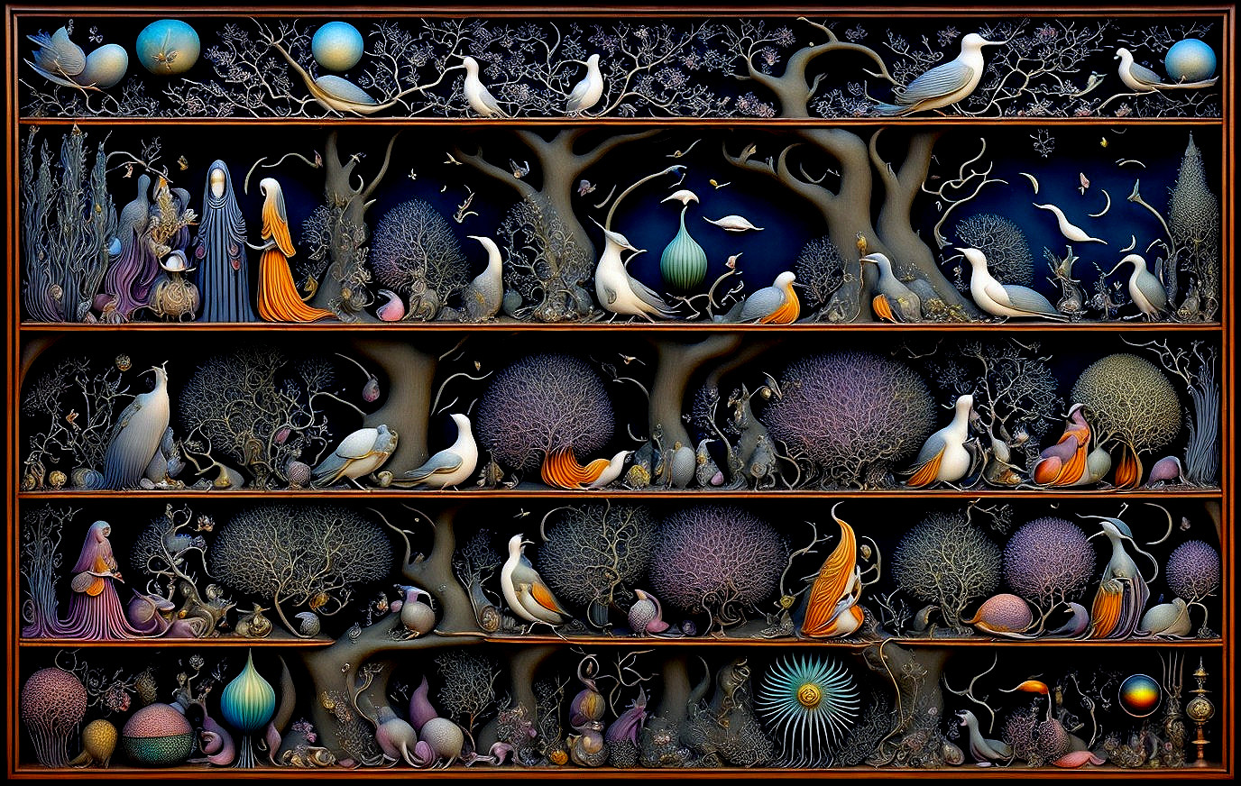 Whimsical Trees and Birds in a Mystical Scene