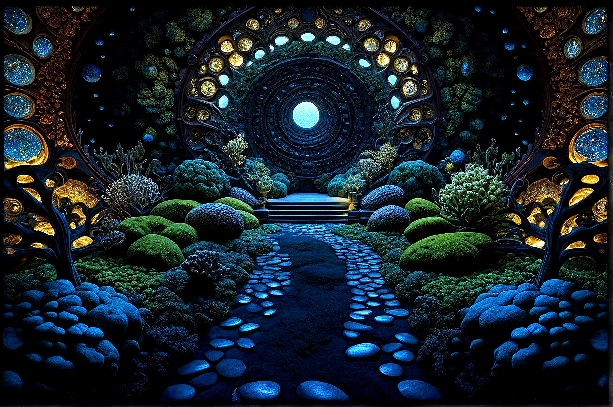 Otherworldly Landscape with Luminous Pathway and Portal