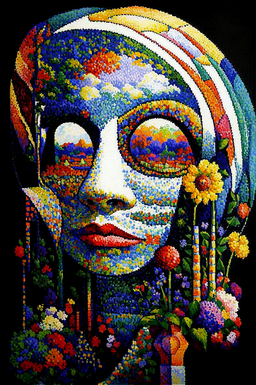 Surreal Portrait with Floral Patterns and Vivid Colors