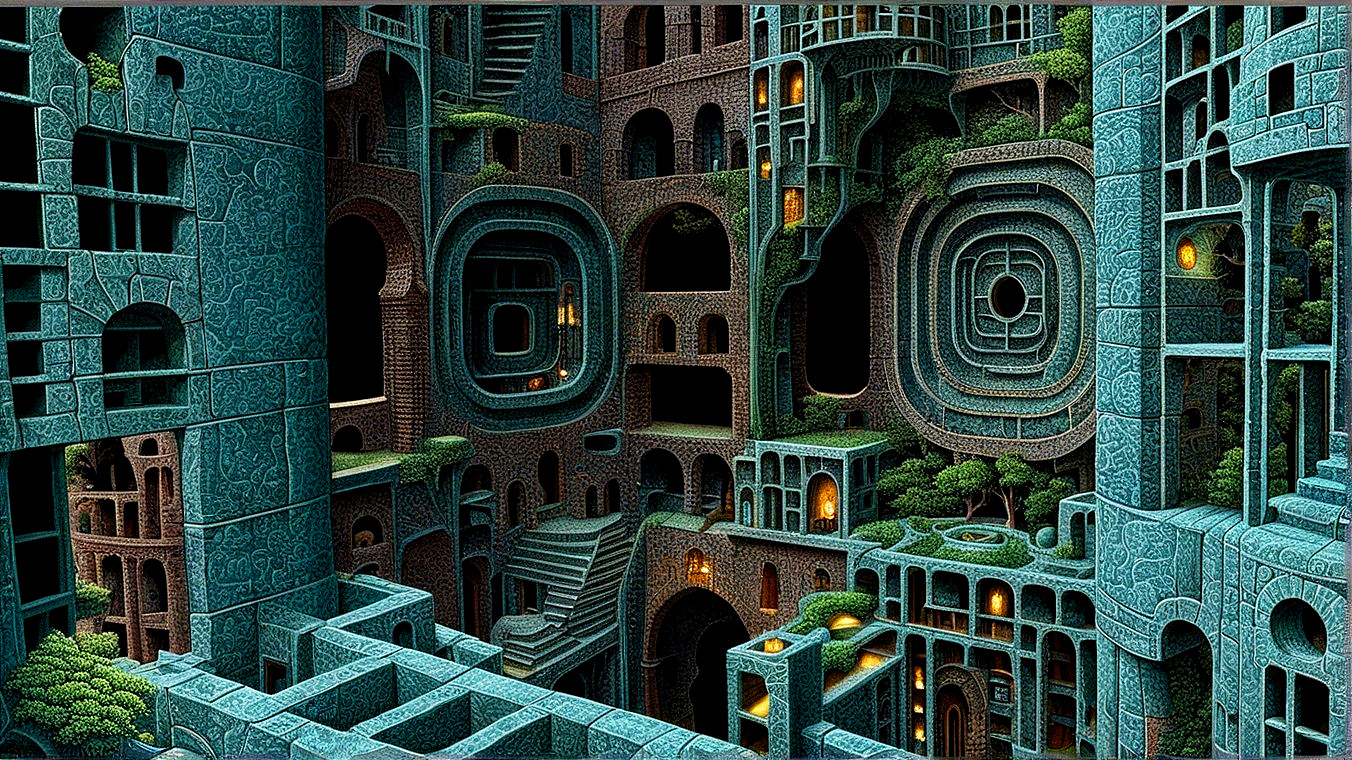 Surreal Architectural Landscape with Stone Structures