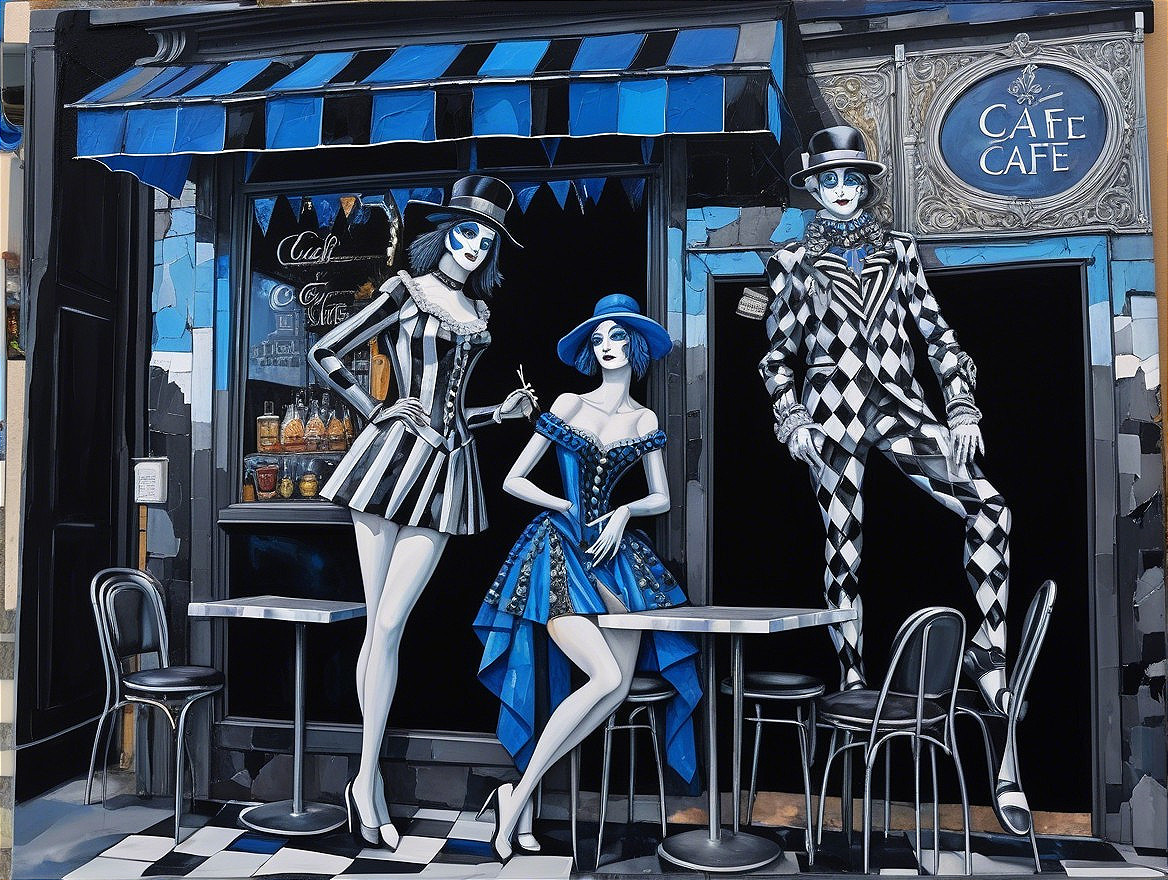 Stylized Figures in Blue and Black Attire at Café