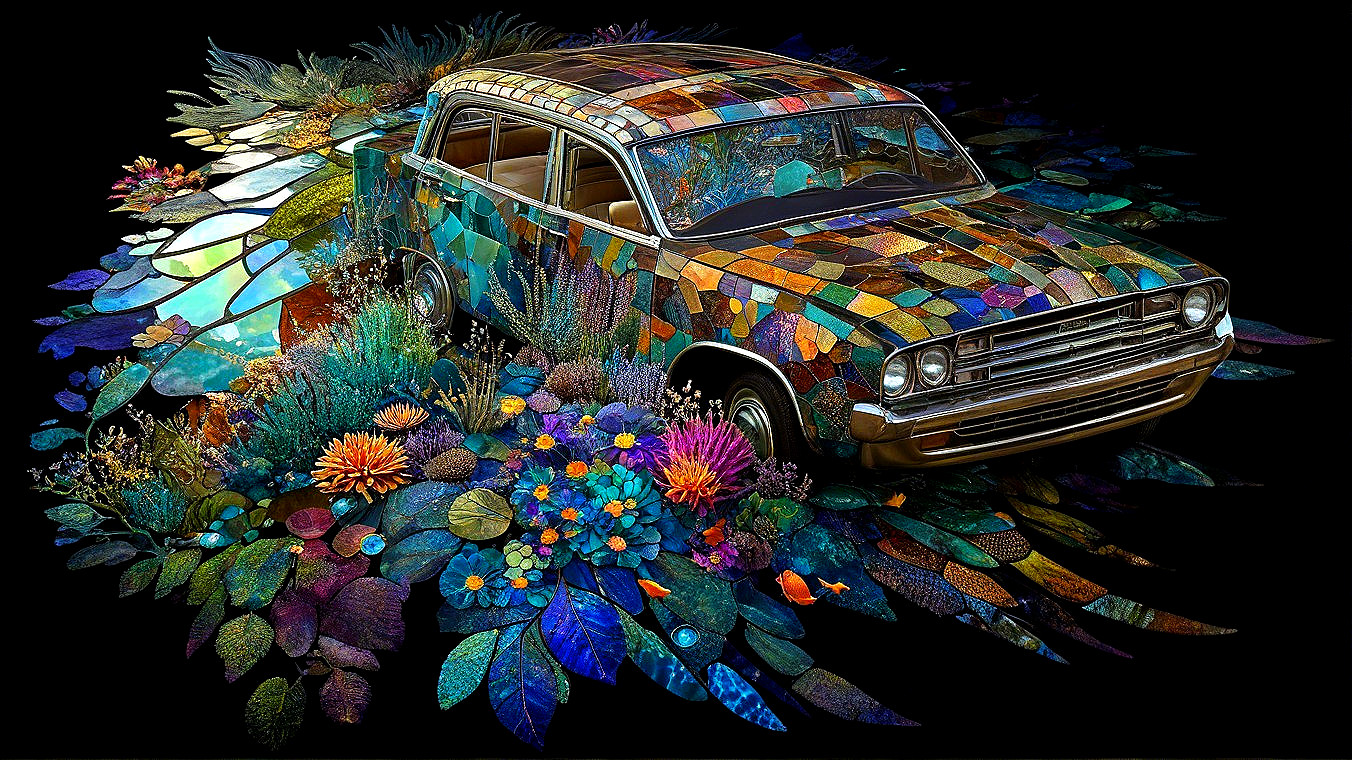 Vintage Car Surrounded by Colorful Stained Glass Plants