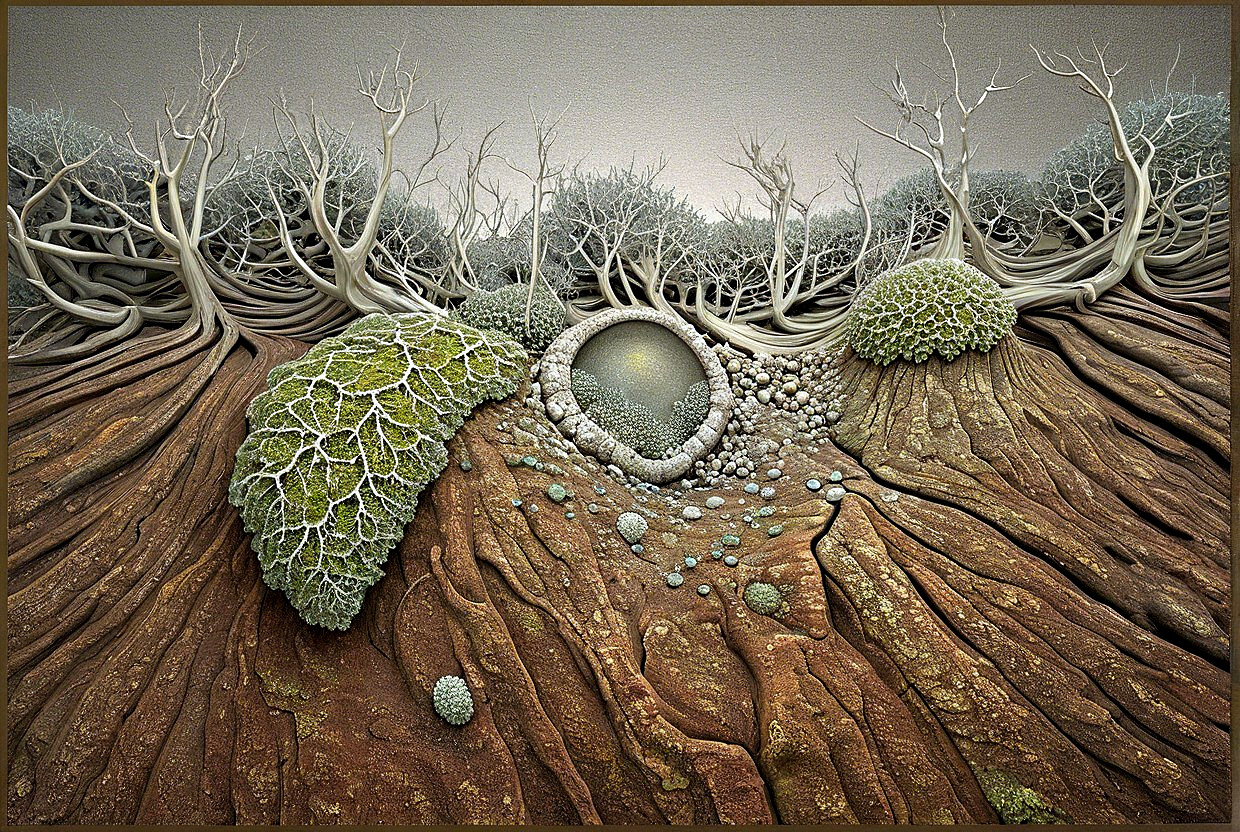 Surreal Landscape with Twisted Roots and Luminous Orb