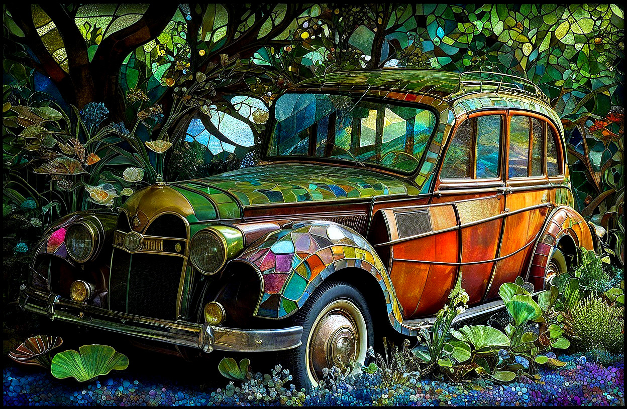 Vintage Car with Stained Glass Patterns in Nature