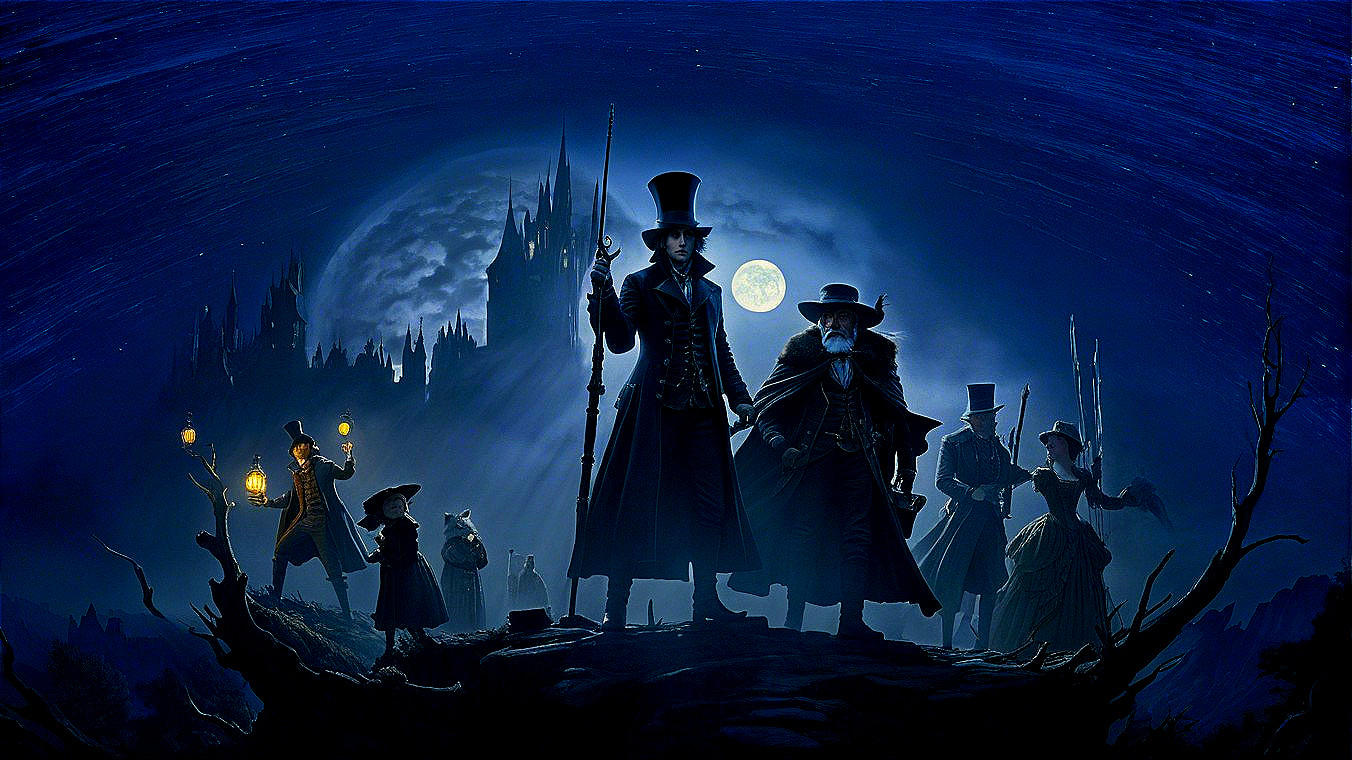 Mysterious Group in Gothic Landscape Under Moonlight