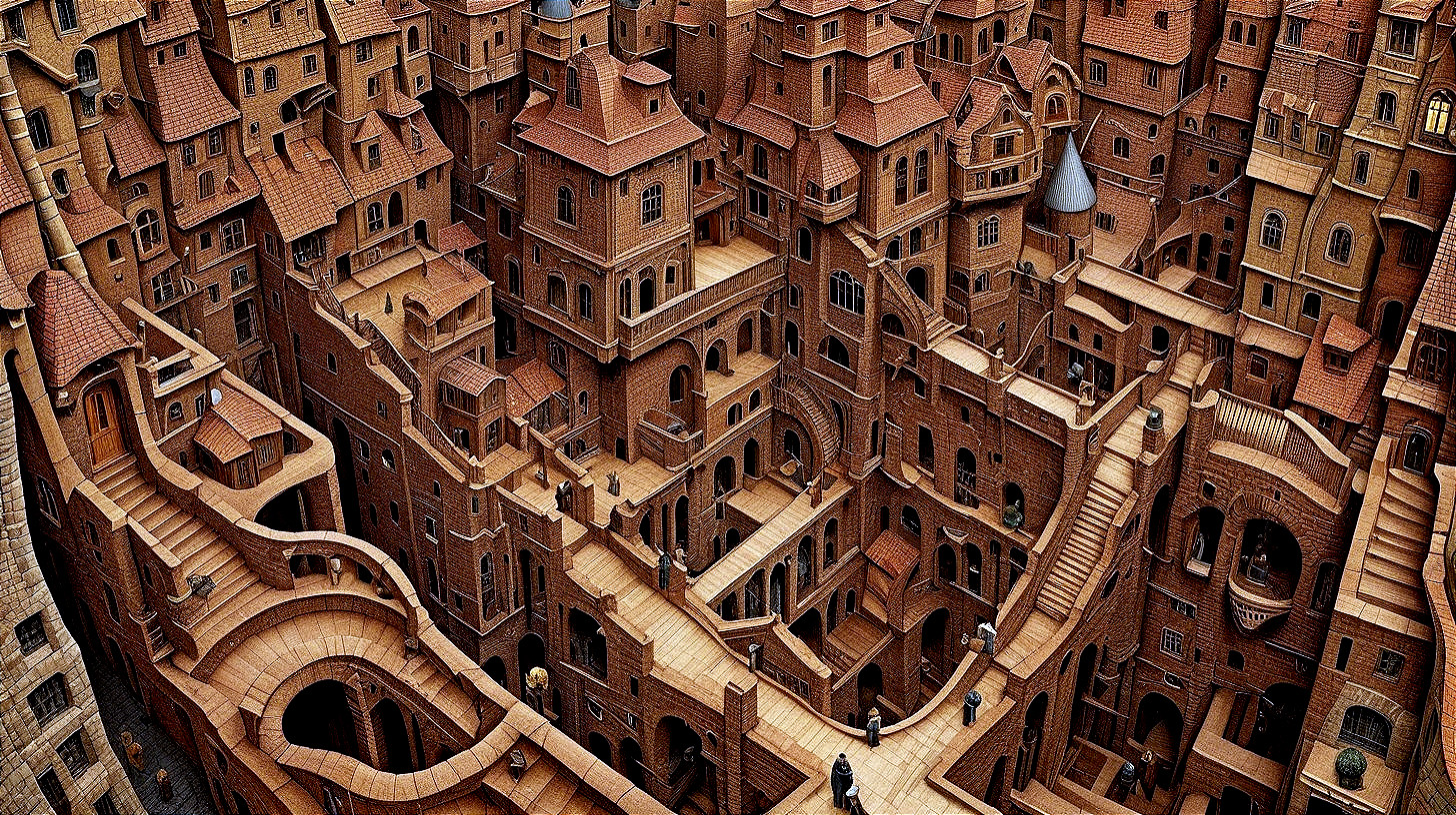 Intricate Cityscape with Brick Buildings and Pathways